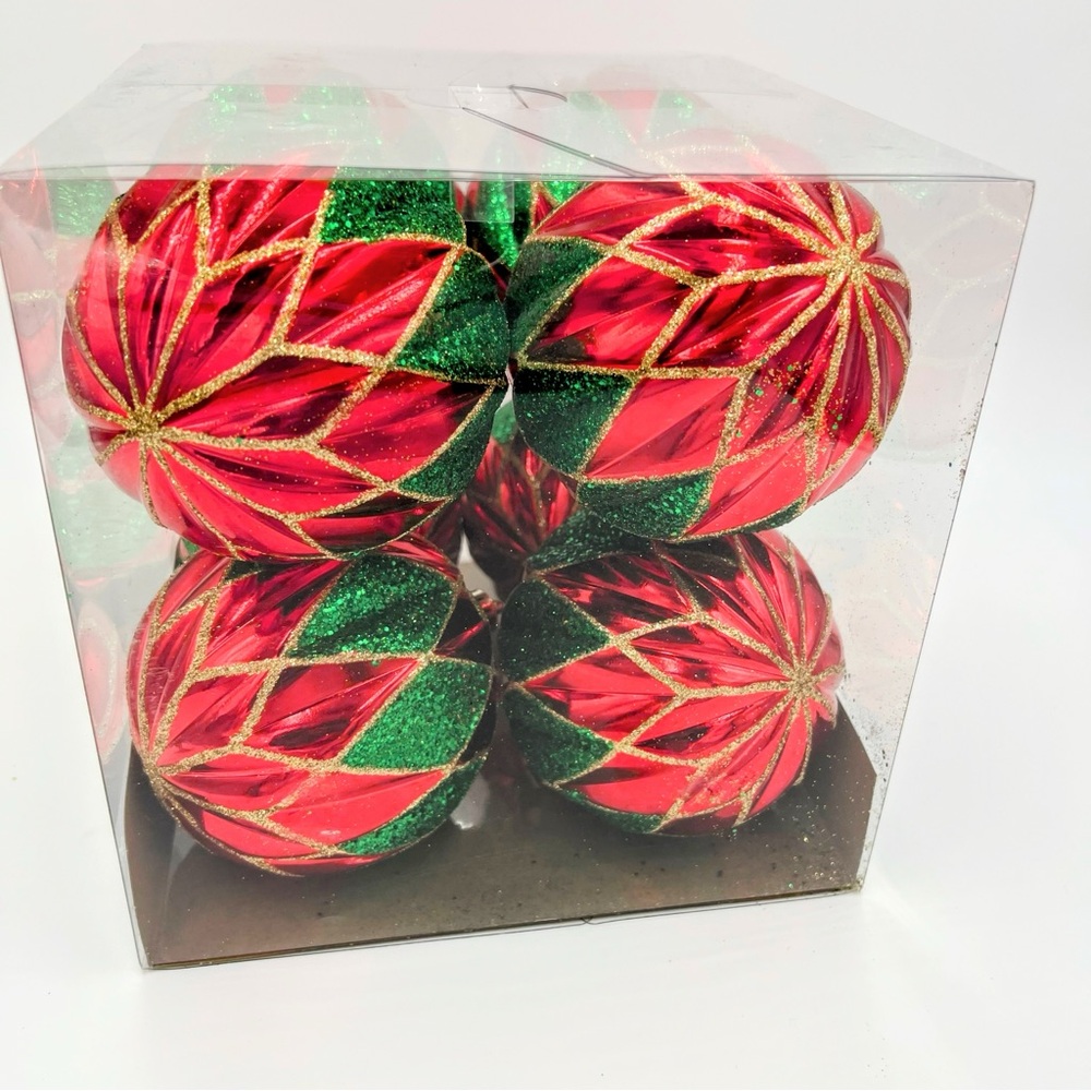 Set of 8 Red Green Gold Shatterproof Ornaments 4"